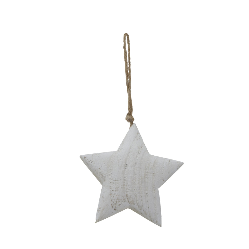 Whitewashed five-point hanging star shown with its full neutral-coloured cord loop against a white background.