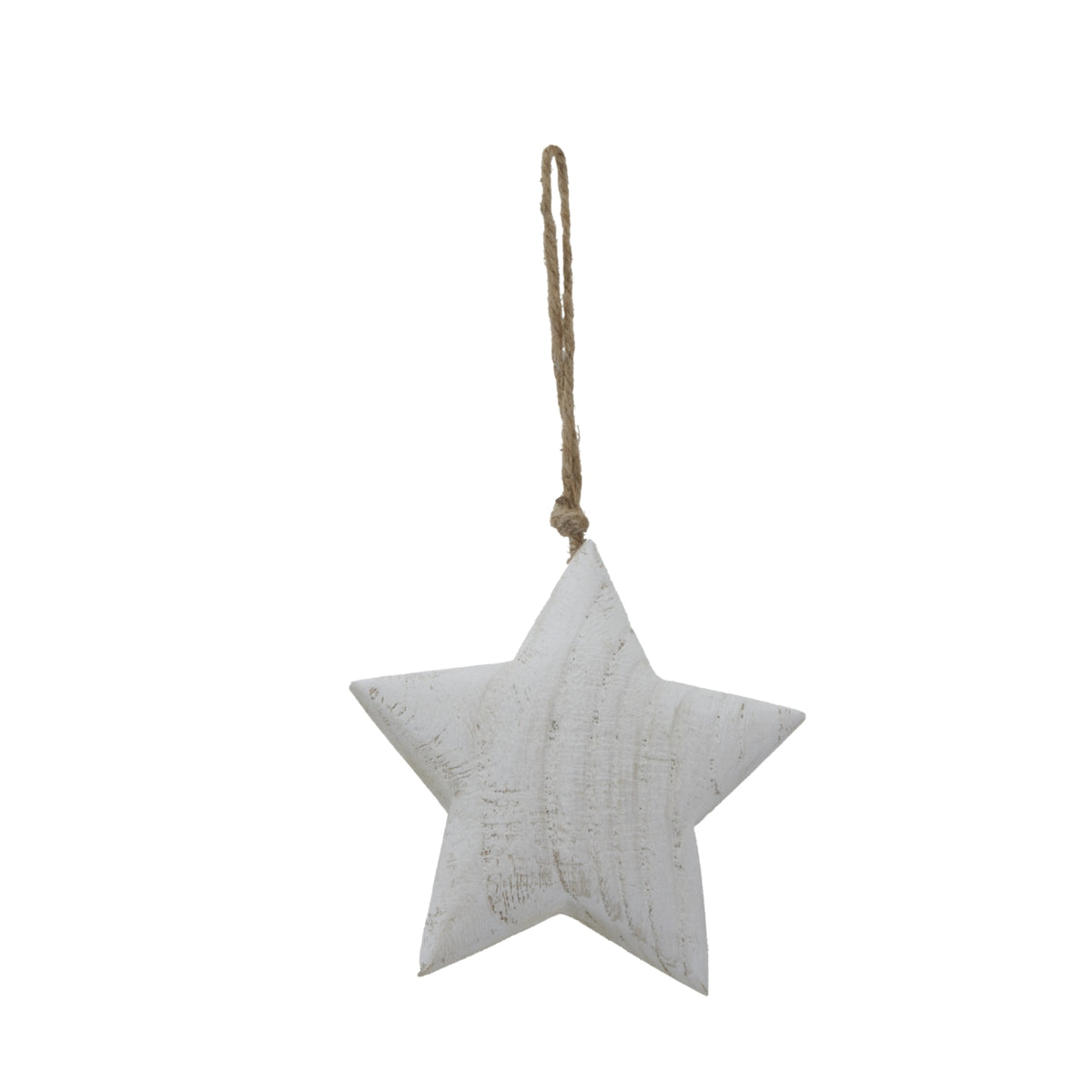 Whitewashed five-point hanging star shown with its full neutral-coloured cord loop against a white background.