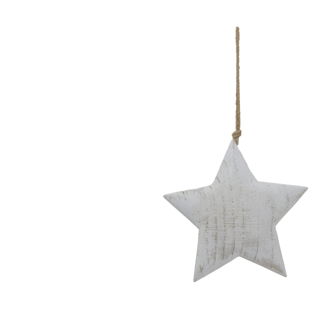 Whitewashed five-point star hanging from a long neutral-coloured cord against a white background.