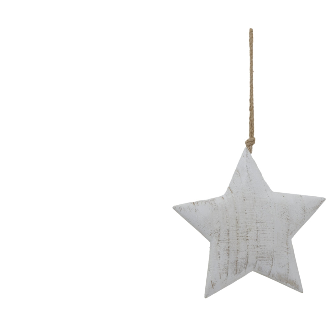 Whitewashed five-point star hanging from a long neutral-coloured cord against a white background.