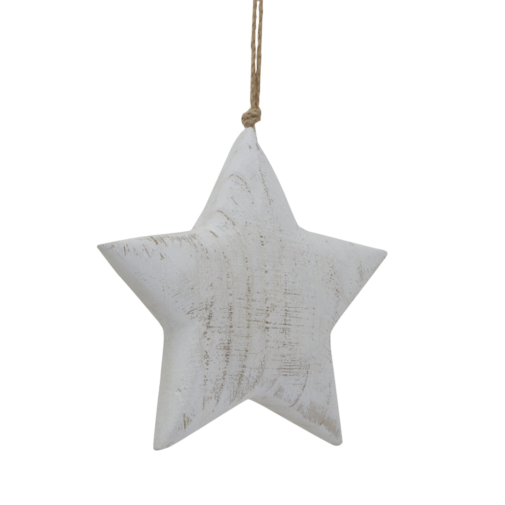 Close-up of the whitewashed star showing fine tan surface markings, softly rounded edges and a knot above the top point.