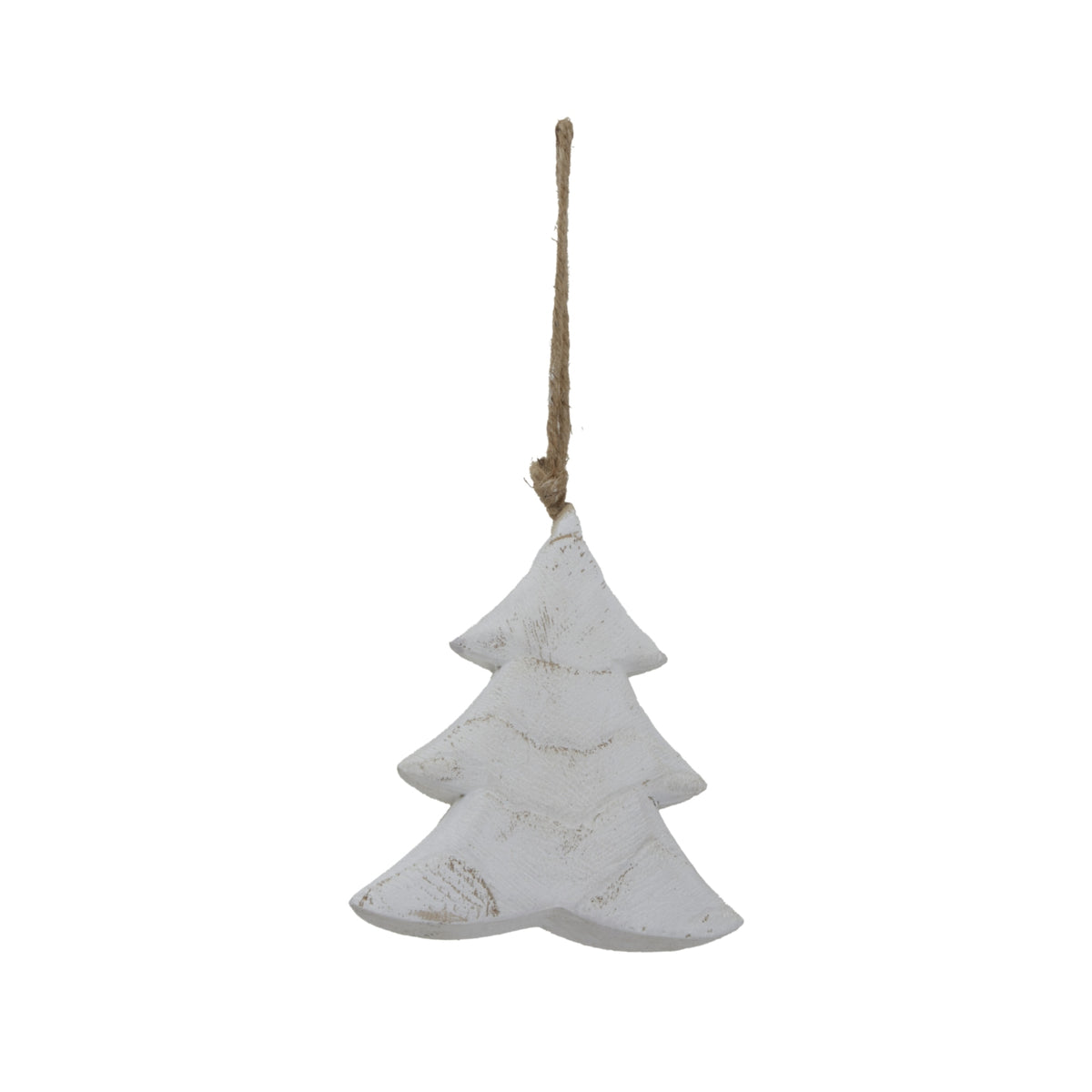 Whitewashed tree hanging decoration with three curved tiers, visible surface markings and a long neutral cord loop against a white background.