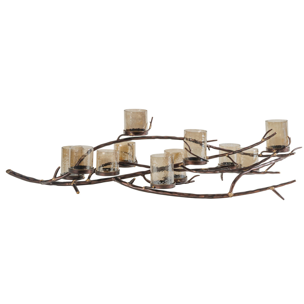 Full side view of the Thicket candleholder with amber glass vessels staggered across an elongated bronze-toned branch frame.