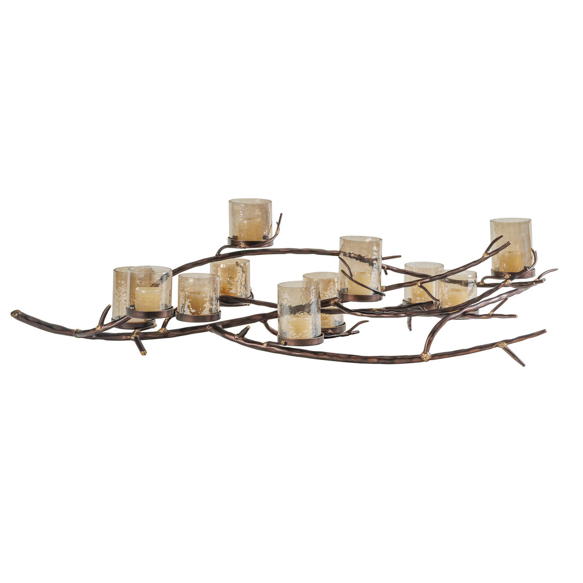 Thicket candleholder shown with pale candles inside the smoky amber glass vessels along its interwoven branch frame.