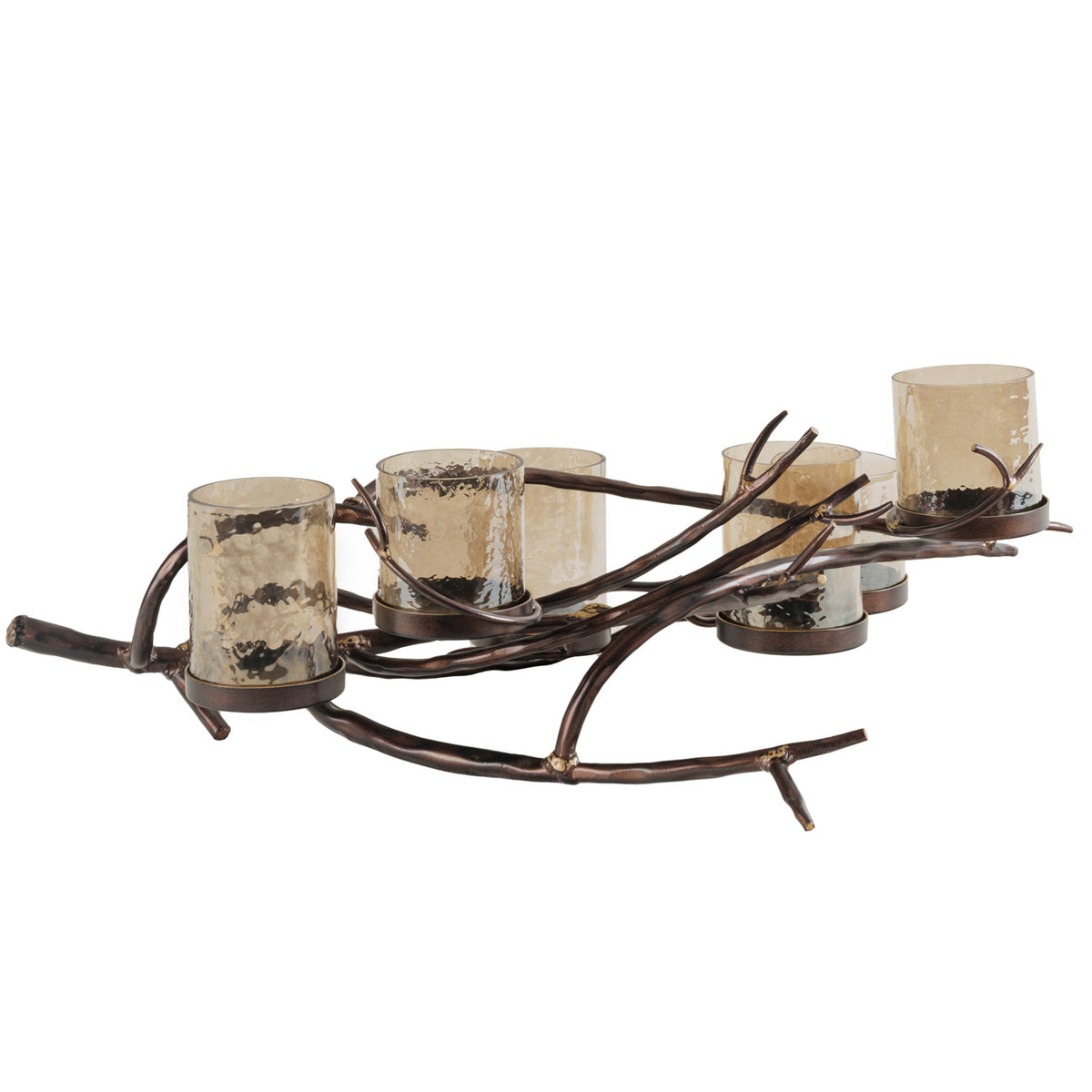Angled side view of the Thicket candleholder with amber glass cylinders set among low, overlapping bronze-toned branches.