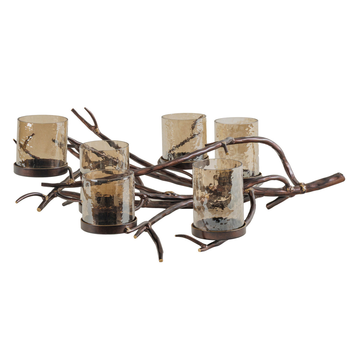 Thicket candleholder viewed from the opposite side, showing six textured glass holders at varying heights.