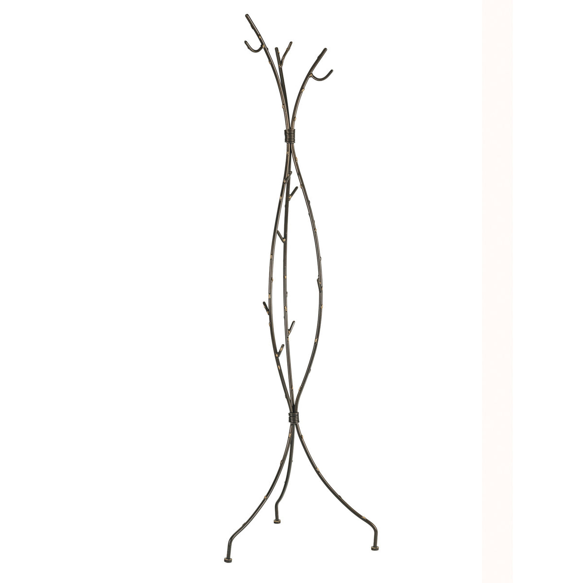Alternate full view of the black and bronze coat rack, showing its open oval centre and spreading feet.
