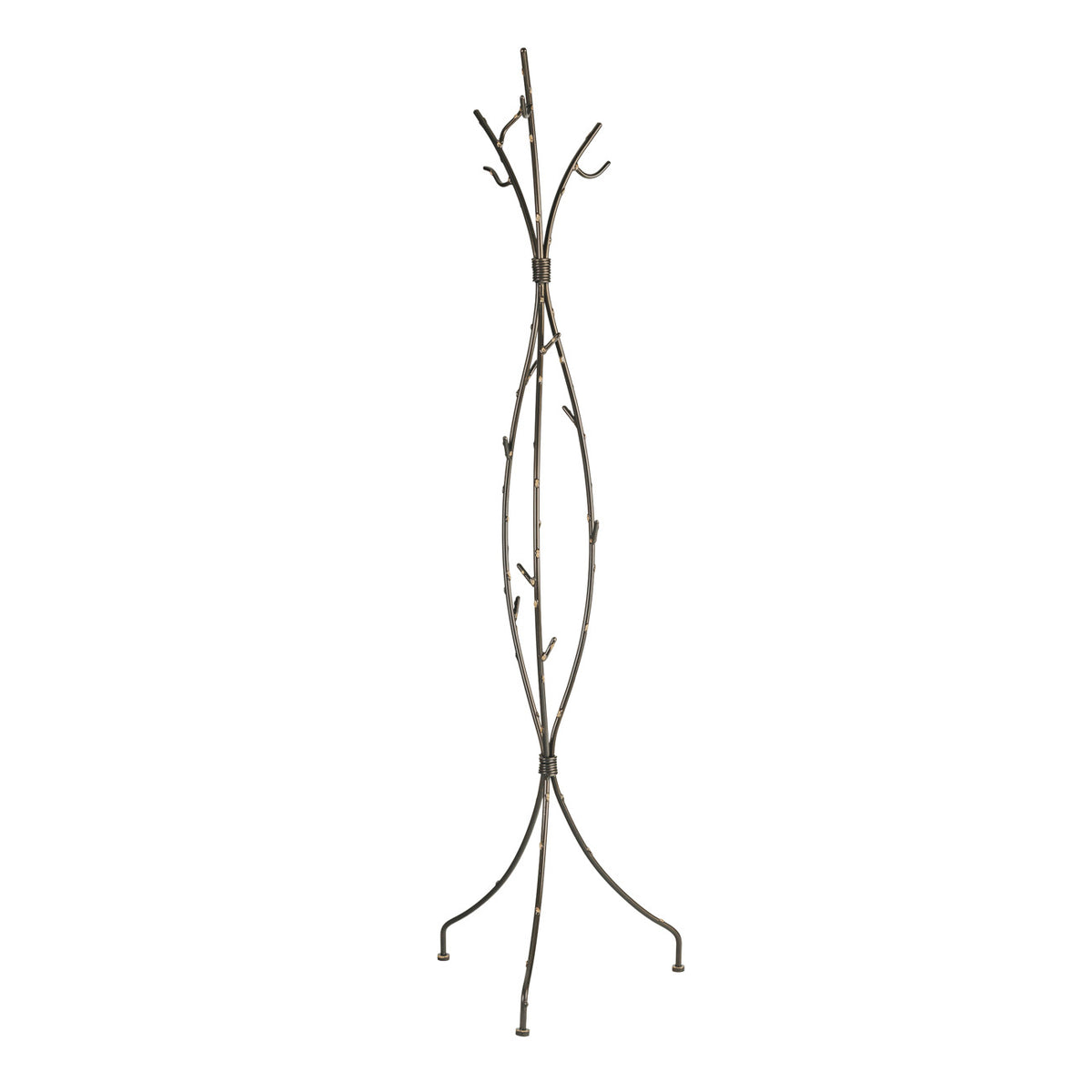 Full view of the Thicket coat rack with branching hooks, bowed stems and three splayed legs against white.