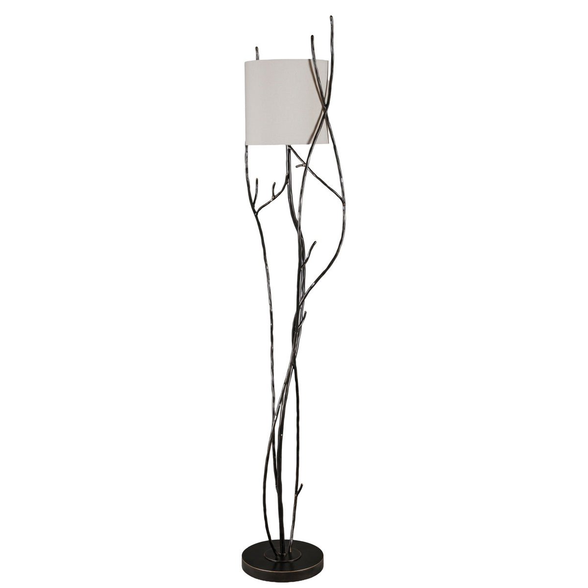 Full view of the Thicket Floor Lamp with irregular dark branches surrounding a pale cylindrical shade above a round base.