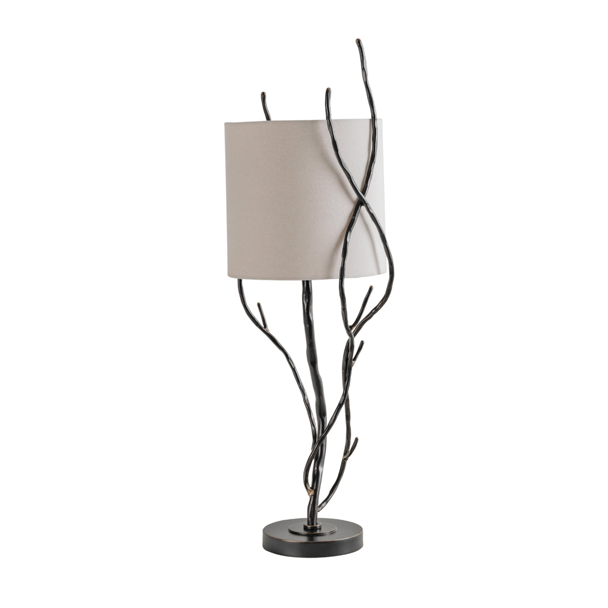 Thicket table lamp unlit, with dark iron branches surrounding a pale drum shade above a low circular base.