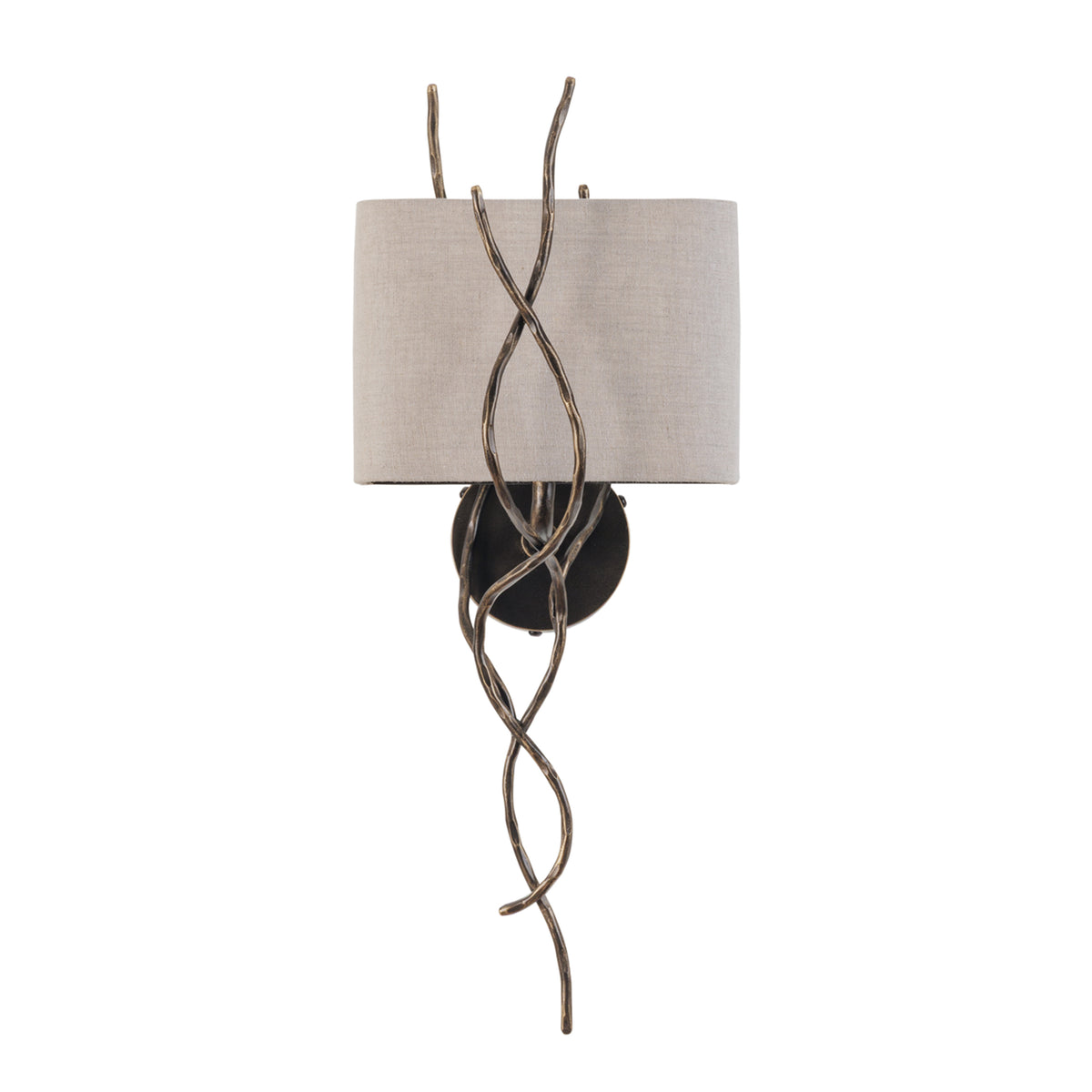 Front view of an unlit Thicket wall light with a pale linen shade and crossing dark branches extending above and below it.