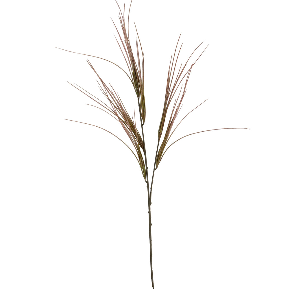 Artificial grass spray on a white background, with a long slender stem and three fans of narrow brown-purple and olive blades.