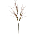 Artificial grass spray on a white background, with a long slender stem and three fans of narrow brown-purple and olive blades.