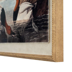 Angled close-up of the print's lower right corner, showing the ducks and rippling water beside the pale textile-like surround and textured beaded frame.