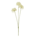 Full view of an artificial flower spray with three cream flowerheads at different heights on slender green branches.