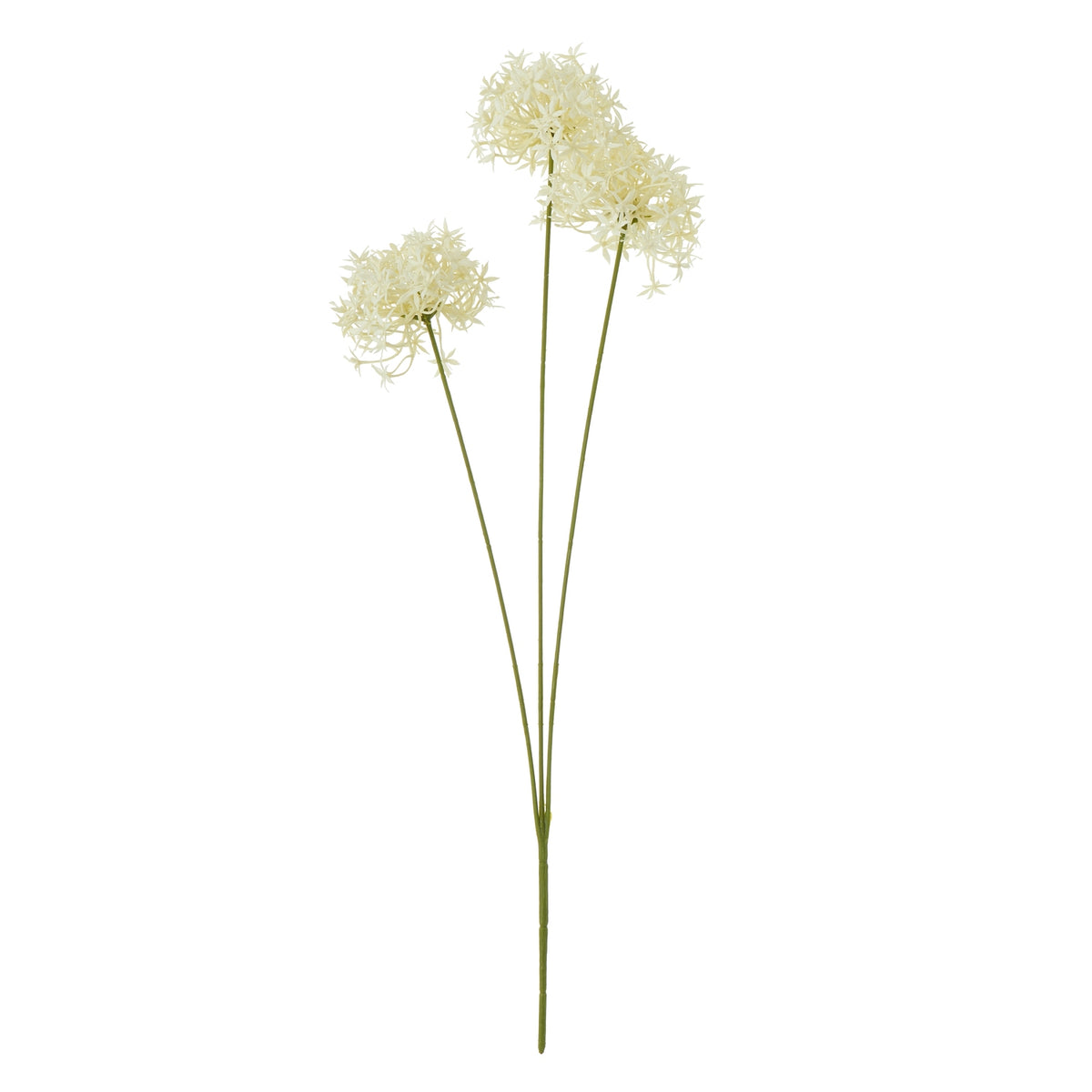Full view of an artificial flower spray with three cream flowerheads at different heights on slender green branches.