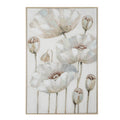 Front view of pale framed portrait artwork showing three large cream flowers, long slender stems, four seedpod forms and a small drooping bud against a light background.