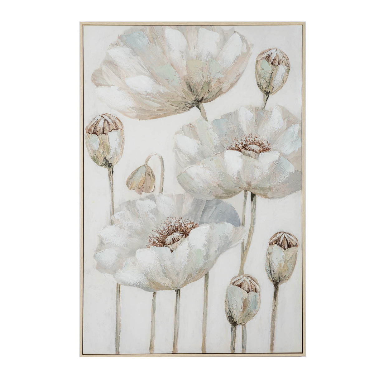 Front view of pale framed portrait artwork showing three large cream flowers, long slender stems, four seedpod forms and a small drooping bud against a light background.