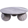 Angled view of a round, grey-veined marble coffee table with three spherical feet against a white background.