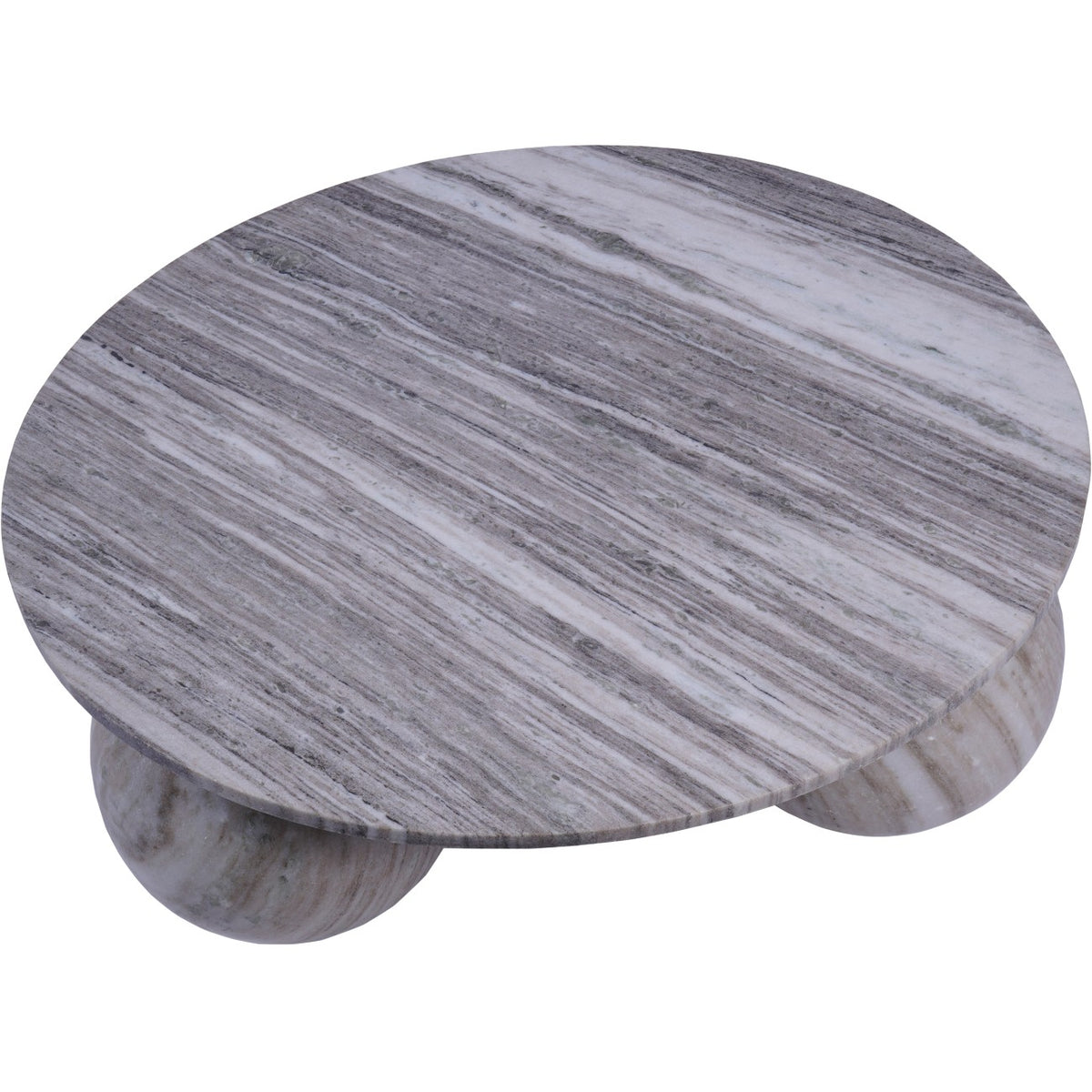View from above showing bands of grey and pale marble across the circular tabletop, with rounded feet visible below.