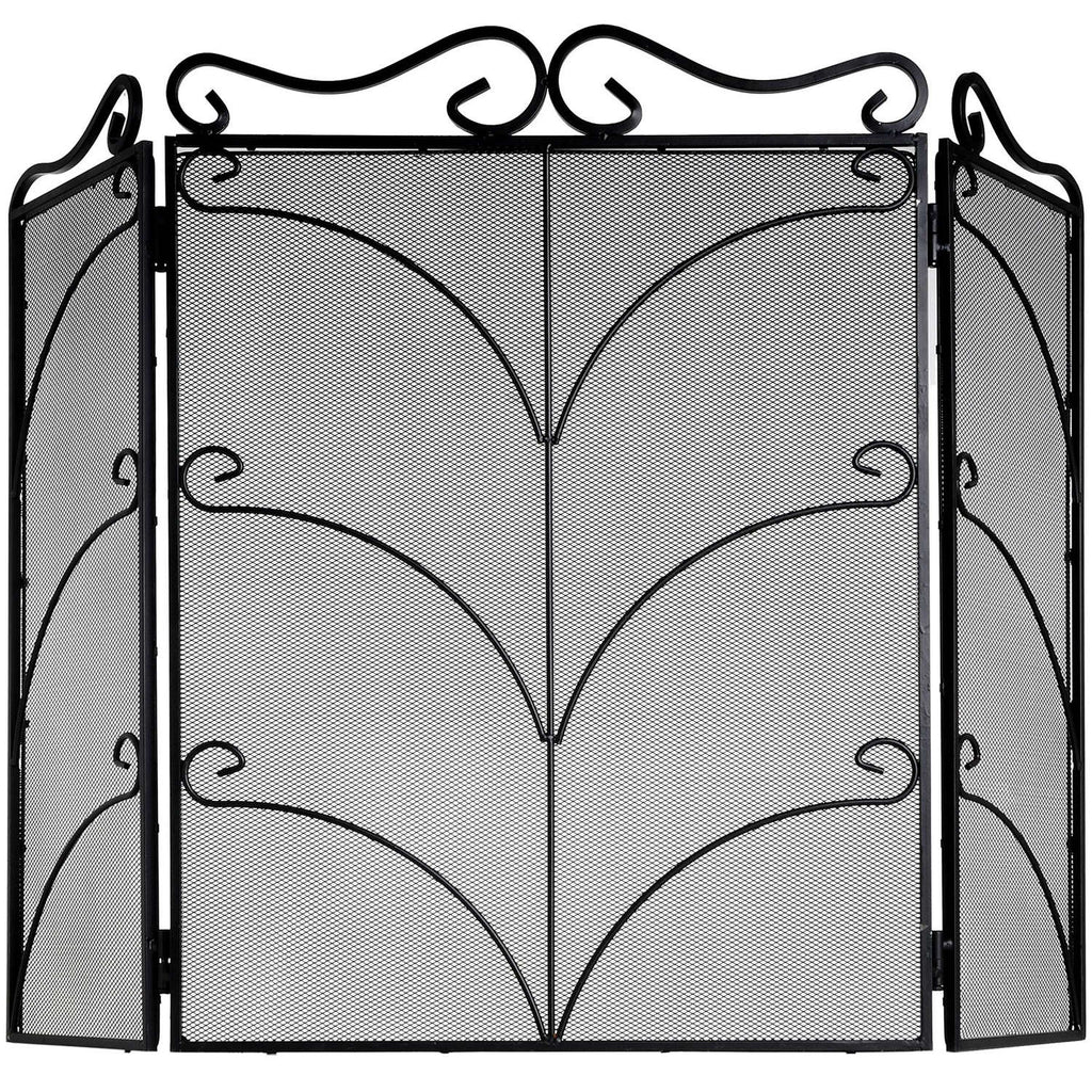 Front view of the black mesh fire screen against white, showing a broad central panel, angled side wings and three tiers of symmetrical curling bars.