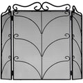 Front view of the black mesh fire screen against white, showing a broad central panel, angled side wings and three tiers of symmetrical curling bars.