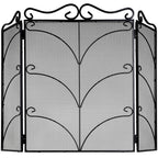Front view of the black mesh fire screen against white, showing a broad central panel, angled side wings and three tiers of symmetrical curling bars.