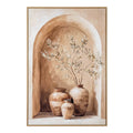 Front view of a portrait artwork in a slim golden-toned frame, showing three cream and brown vessels beneath an arch, with leafy branches rising from the tallest vessel.