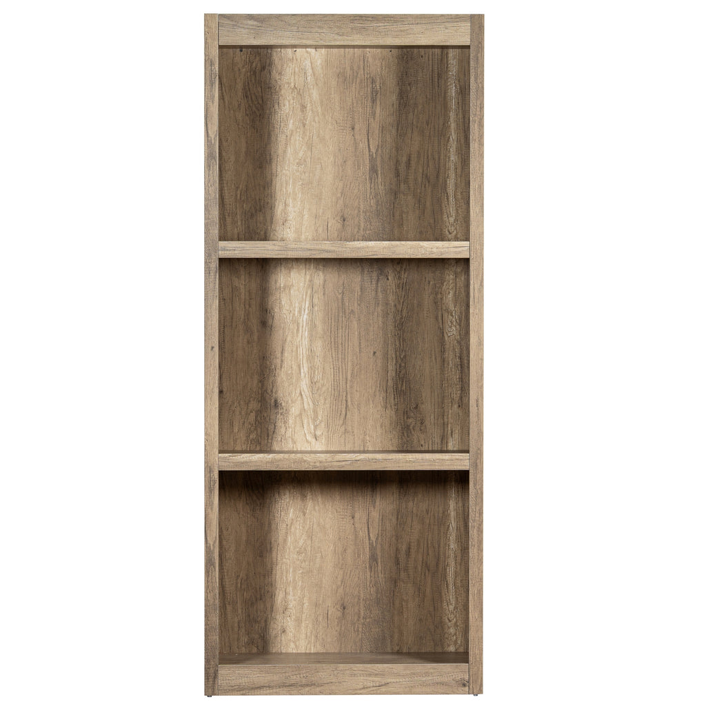 Front view of the shelving unit with three empty bays, horizontal shelf edges and grain-patterned back panels.