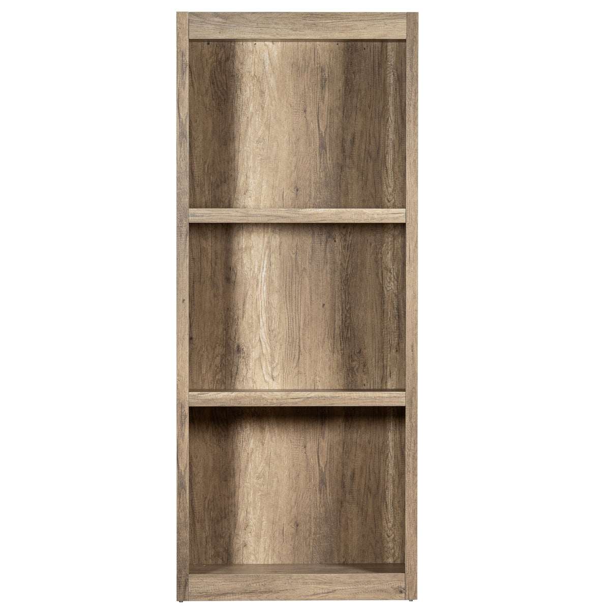 Front view of the shelving unit with three empty bays, horizontal shelf edges and grain-patterned back panels.