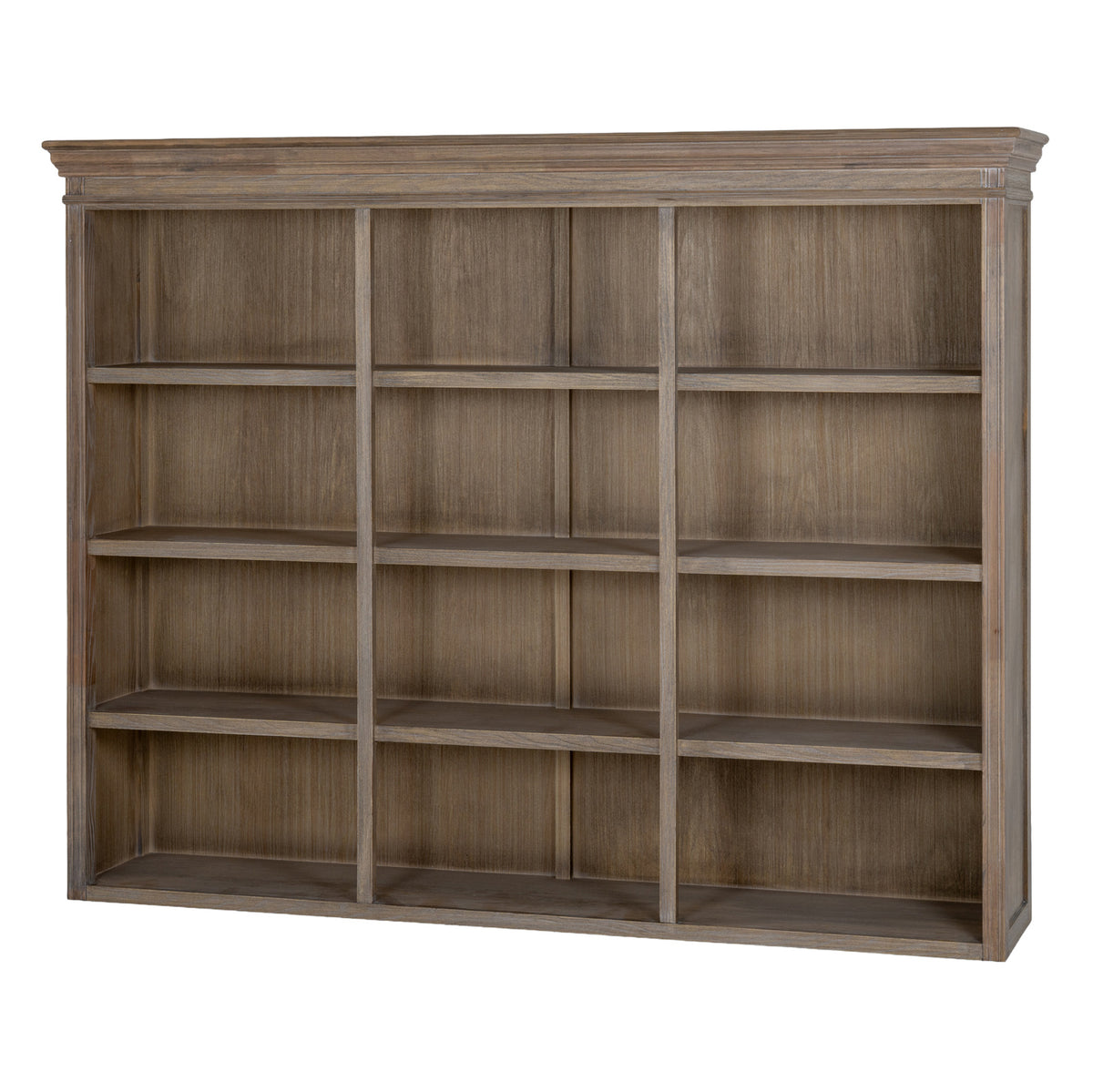 Angled view of the brown-toned dresser-top shelving unit, showing its open bays, shaped cornice and right side.
