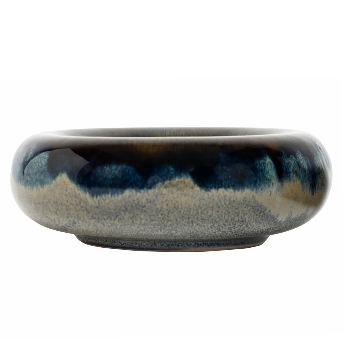 Front view of the shallow decorative bowl, showing its rounded rim, blue and cream glaze, speckled grey lower body and recessed foot.