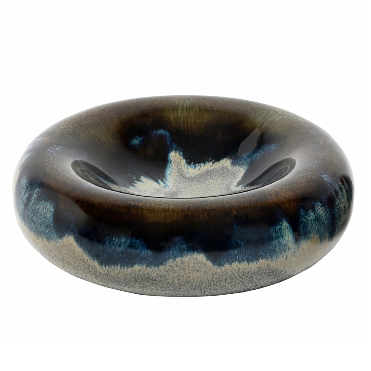 Angled view from above showing the bowl’s wide rounded rim and glossy interior with dark blue, smoky brown and cream glaze patterns.