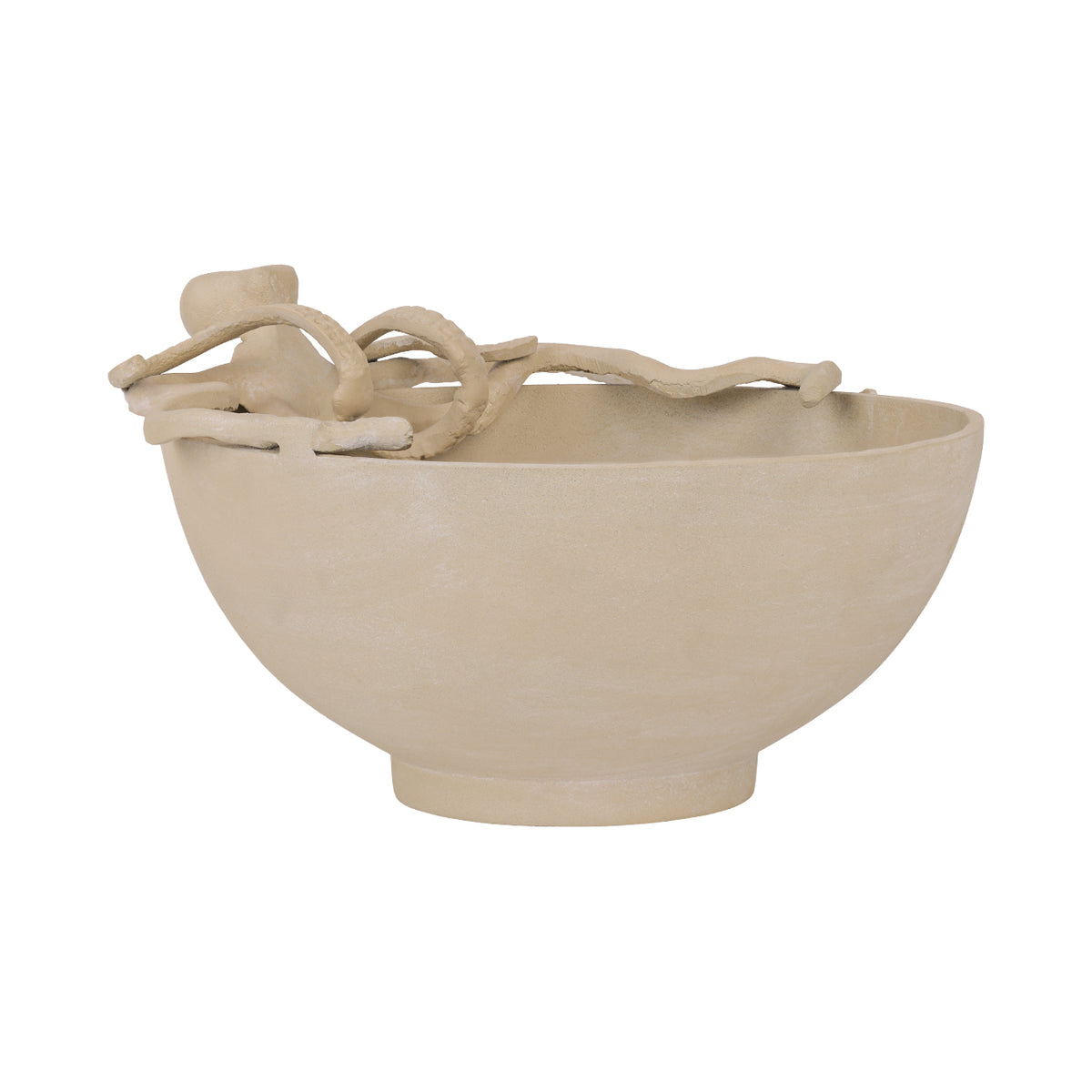 Front view of the rounded beige bowl with an octopus sitting to one side and tentacles extending across the rim.