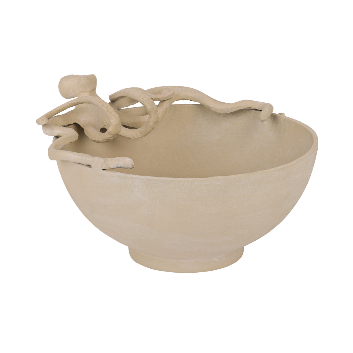 Angled view of the beige octopus bowl showing its deep interior, curling tentacles and low circular foot.