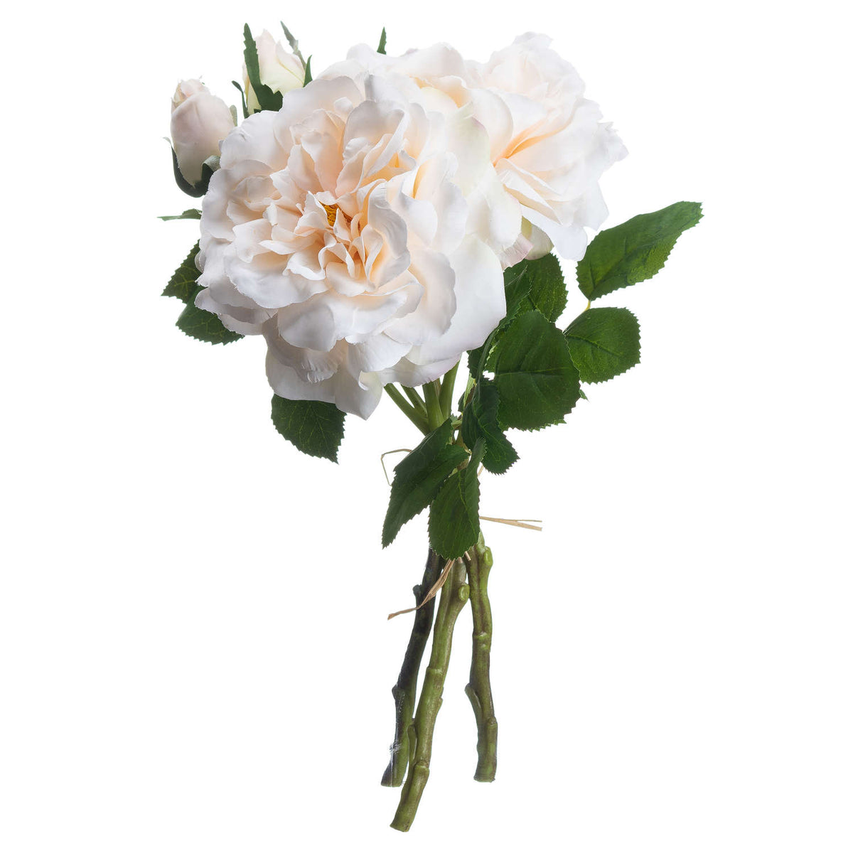 Upright cream and blush artificial rose bouquet with ruffled blooms, buds and serrated green leaves above short tied stems on a white background.