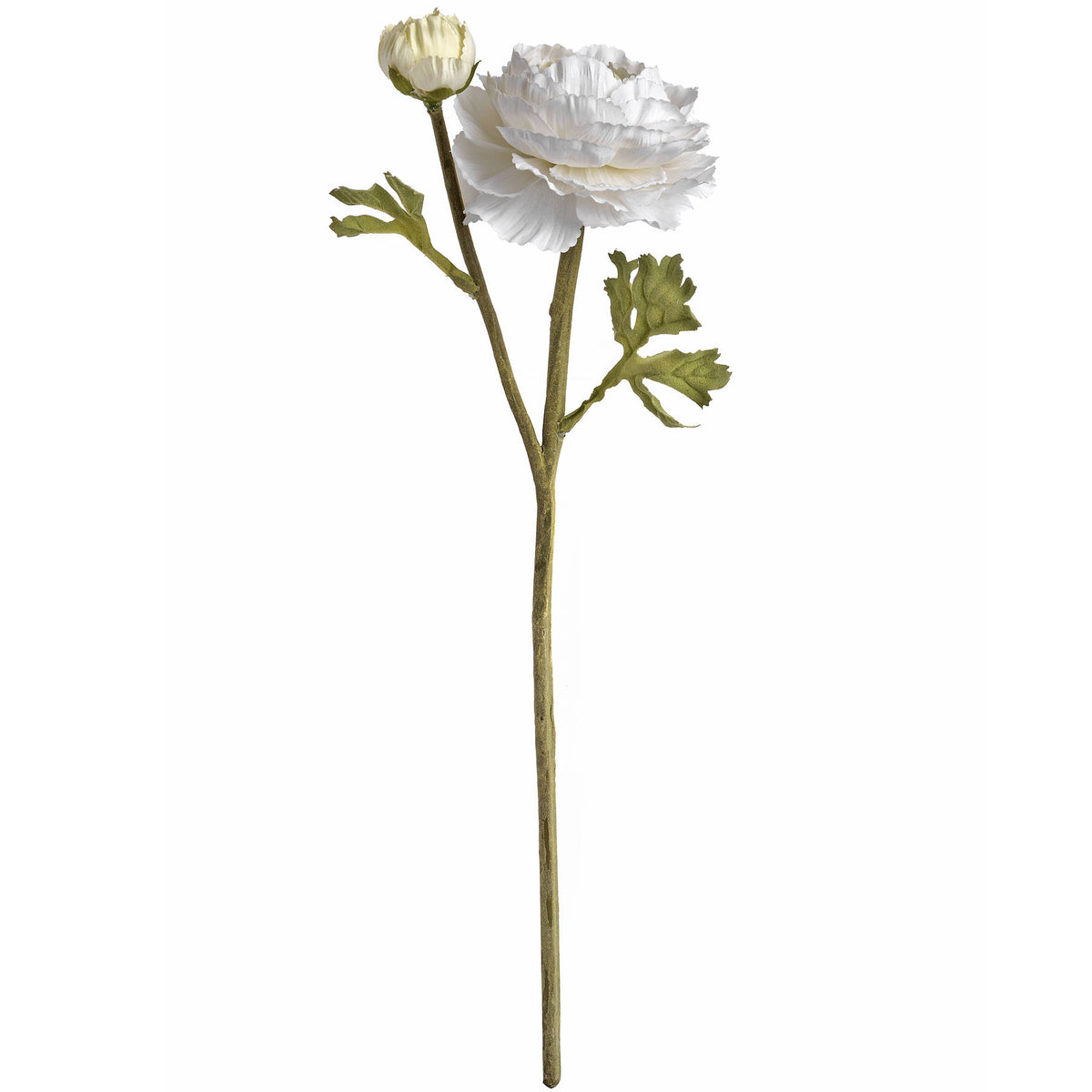 Tier & Bud artificial flower spray with a layered white bloom, pale bud and lobed leaves on a branching green stem against white.