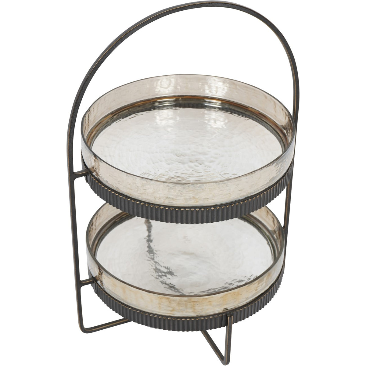 Elevated angled view showing the hammered glass bases and raised sides of both round trays.