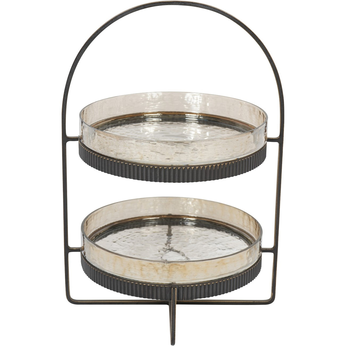 Front view of the two-tier glass display stand with a dark arched frame and ribbed metal tray collars.