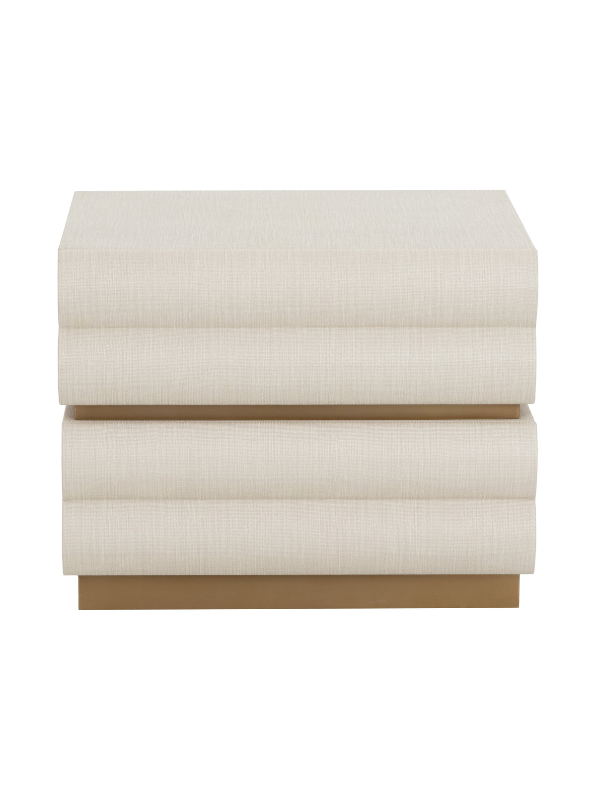 Front view of a pale, textured two-drawer nightstand with tiered drawer fronts, a gold-toned base and its top visible against a white background.