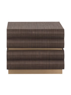 Front view of the chocolate brown Tierfold Nightstand with tiered drawer fronts and a gold base.