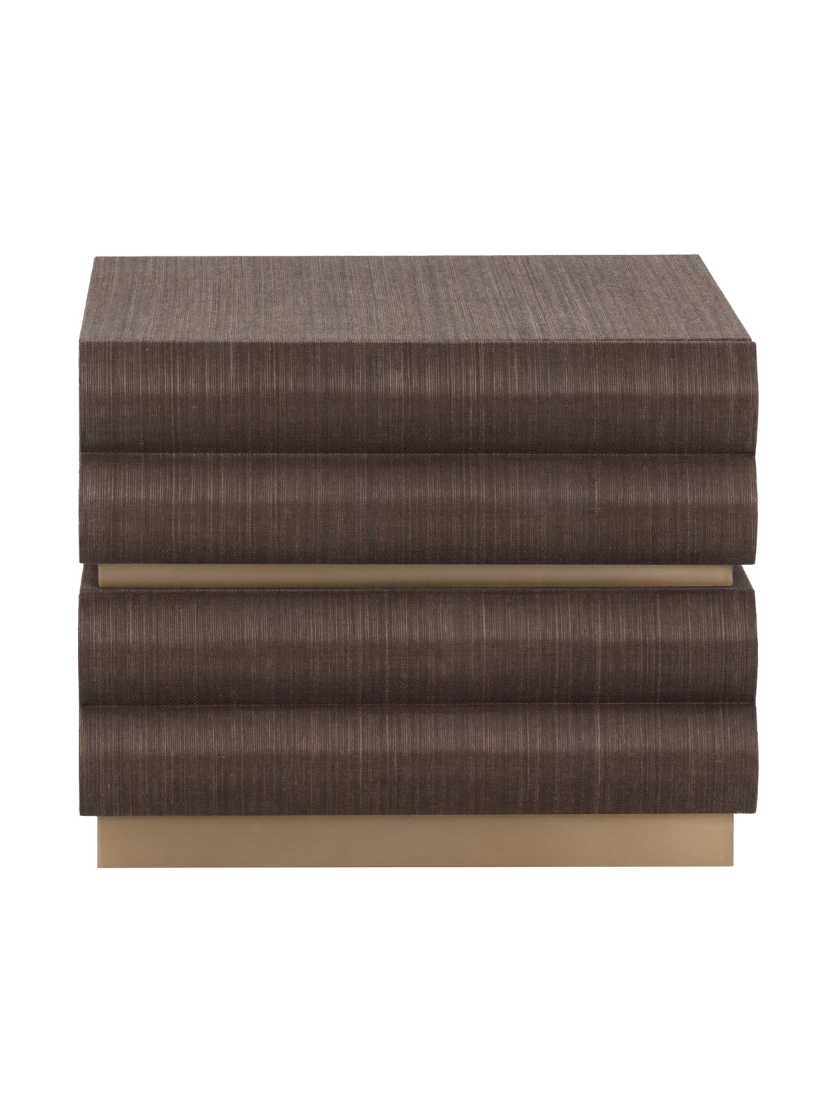 Front view of the chocolate brown Tierfold Nightstand with tiered drawer fronts and a gold base.