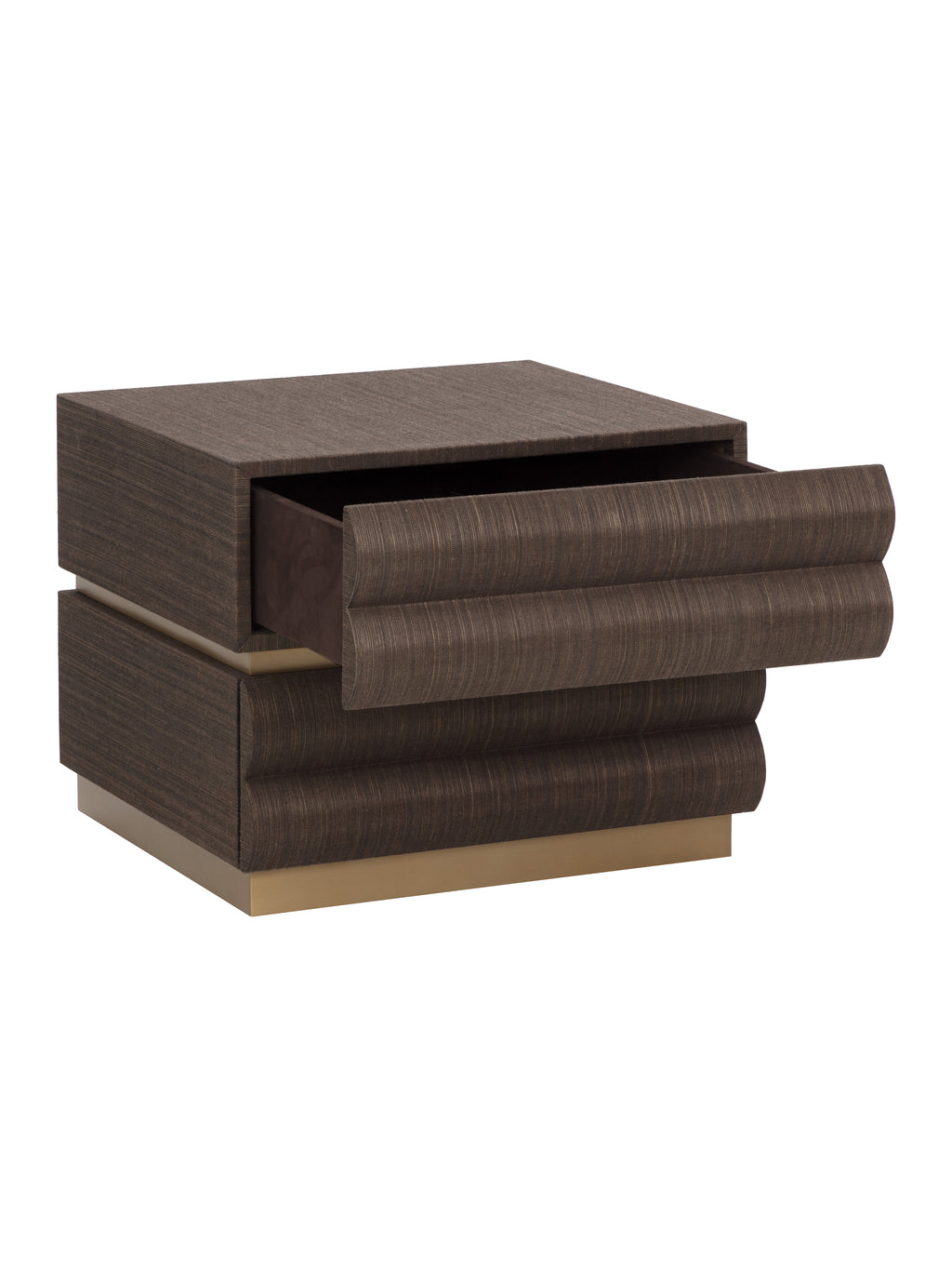 Angled view of the Tierfold Nightstand with its upper drawer open, showing the dark interior and curved front.