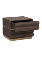 Angled view of the Tierfold Nightstand with its upper drawer open, showing the dark interior and curved front.