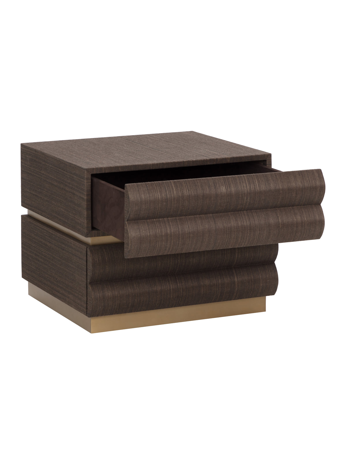 Angled view of the Tierfold Nightstand with its upper drawer open, showing the dark interior and curved front.