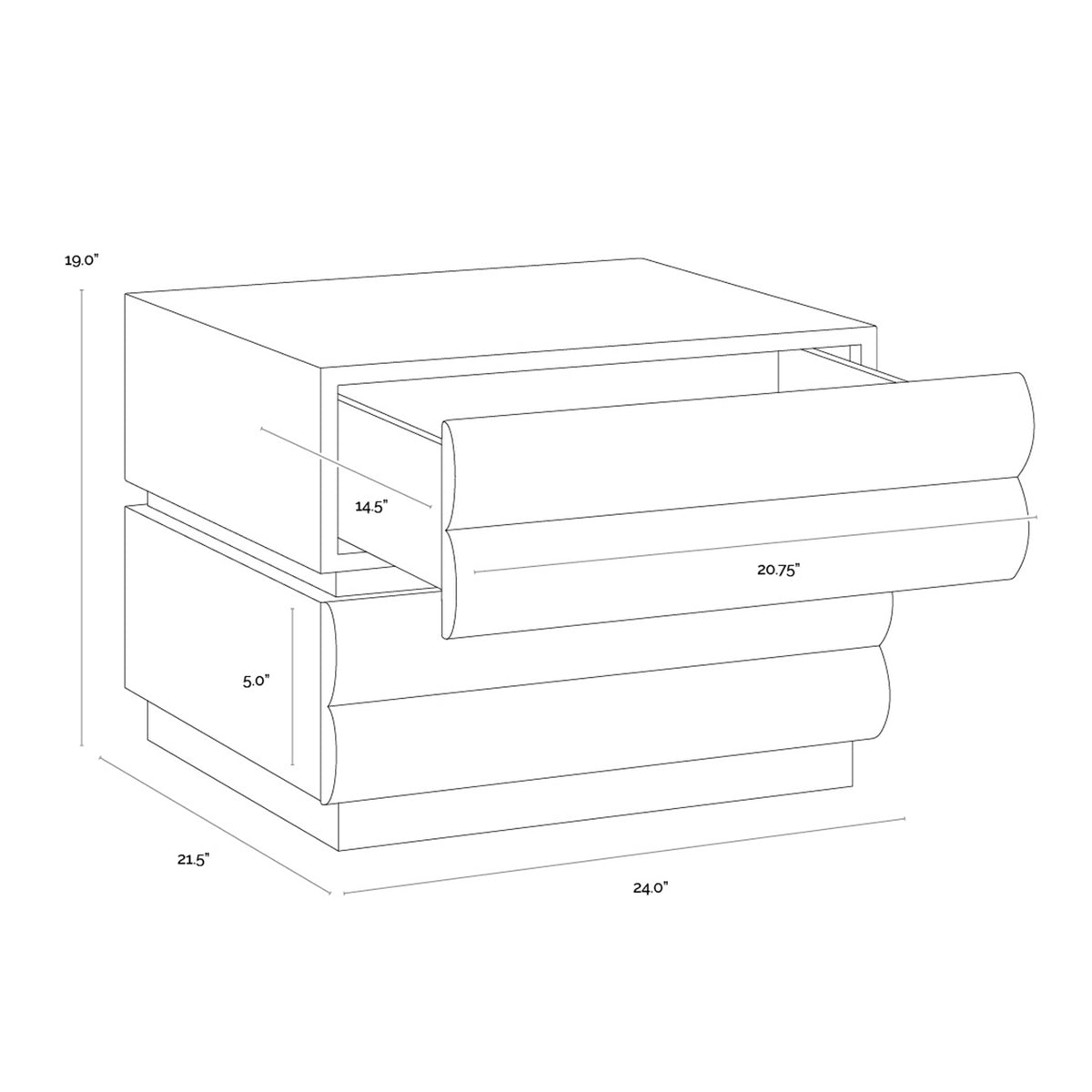 Dimension drawing of the Tierfold Nightstand with the upper drawer open and measurements marked in inches.