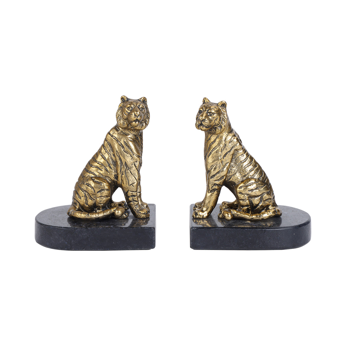 Tiger bookends shown side by side, with mirrored seated figures and flat inner edges on the black bases.