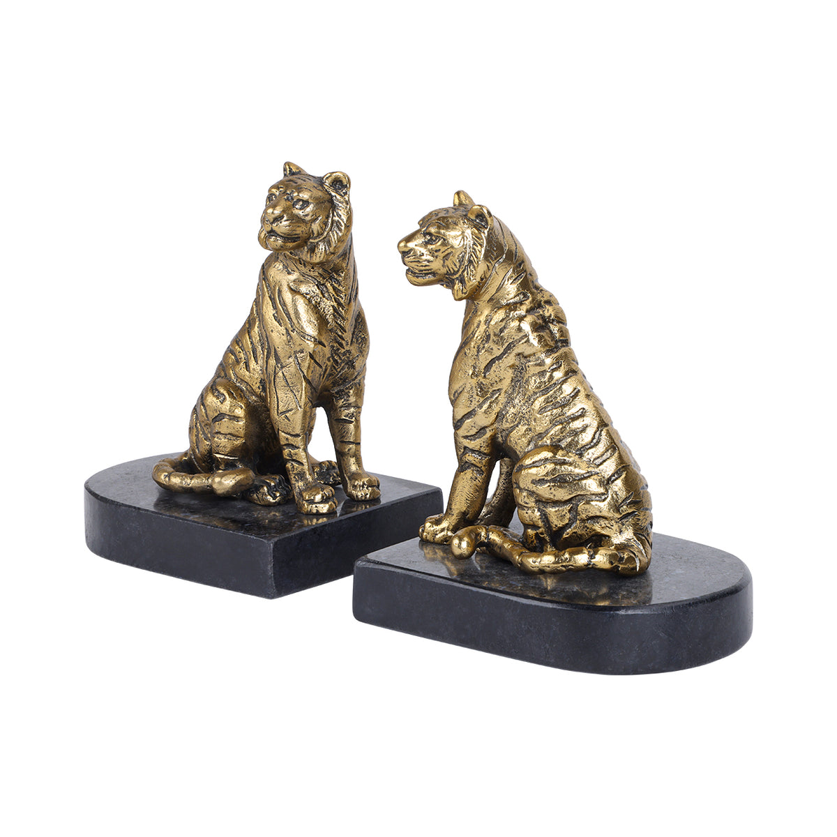 Angled view of two antique gold tiger bookends on black granite bases, with one positioned forward.