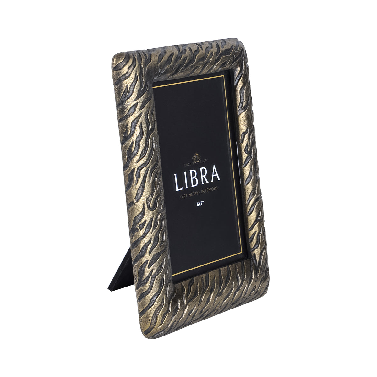 Angled front view of the Tiger photo frame with a broad antique brass tiger-stripe border and rear easel visible.