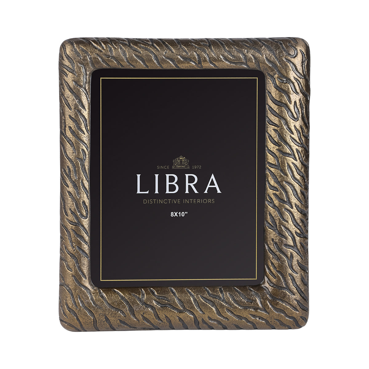 Front view of the portrait photo frame showing dark tiger-stripe markings across its gold-toned surround and rounded corners.